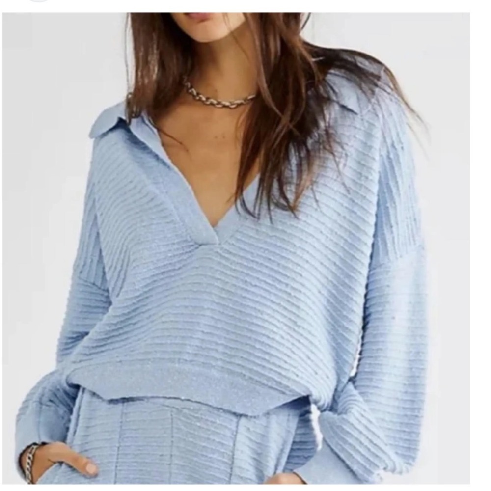 Free People Beach Marli  Fisherman Blue Knit Polo‎ Sweater V-Neck Long Sleeve
